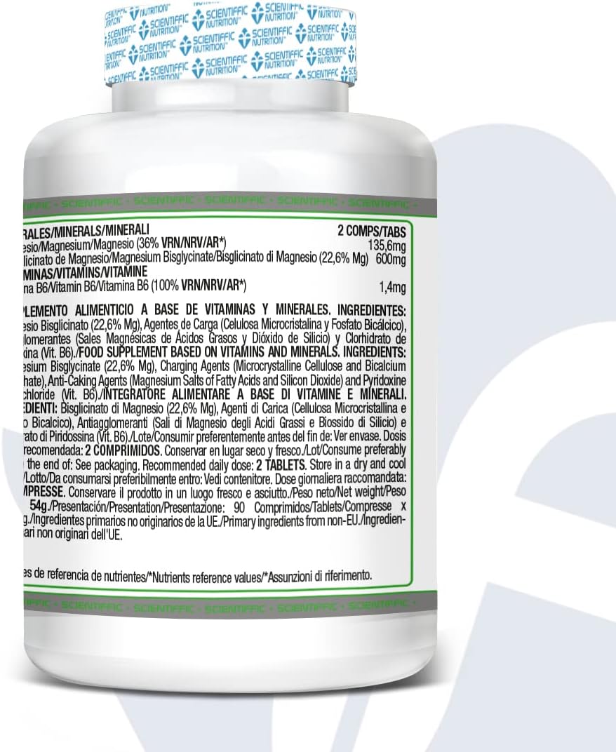 Scientiffic Nutrition - Magnesium Bisglycinate 300mg, Comprimidos de Magnesio Bisglicinato y Vitamina B6, Complemento Alimenticio de Alta Absorción, 90 Cápsulas.