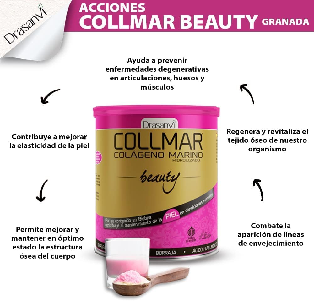 DRASANVI COLLMAR BEAUTY COLAGENO MARINO PARA LA PIEL | Colageno Hidrolizado con Vitamina C Natural, Biotina y Acido Hialuronico| Piel Bonita e Hidratada| Sabor Granada | 275 GR