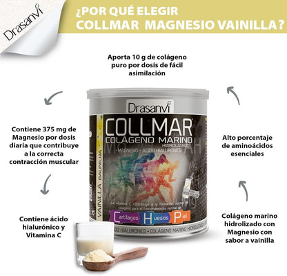 Drasanvi COLLMAR Colágeno Marino Hidrolizado con Ácido Hialurónico, Magnesio, Vitamina C | para cartílagos, huesos y piel | Sin edulcorantes |Alta dosis 9.717 mg/dia |300g de polvo | Sabor Vainilla