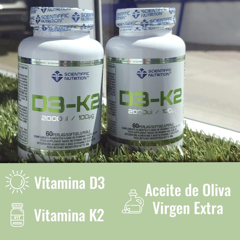 Scientiffic Nutrition - Vitamina D3 y K2 con Aceite de Oliva Virgen Extra para una Mejor Absorción y Alta Biodisponibilidad, Fortalece los huesos, Vitamina D3 2000ui + K2 100µg - 60 perlas
