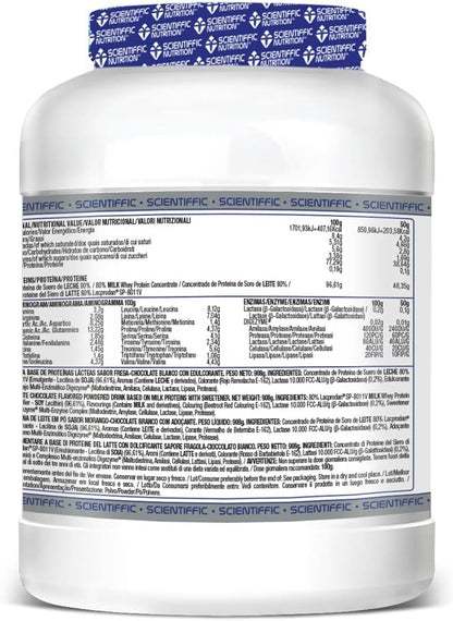 Scientiffic Nutrition - Whey Professional 2.0 Proteinas Whey en Polvo 100% Pura, para Aumentar la Masa Muscular, con Enzimas Digestivas y Lactasa - 908g, Sabor Fresa - Chocolate Blanco.