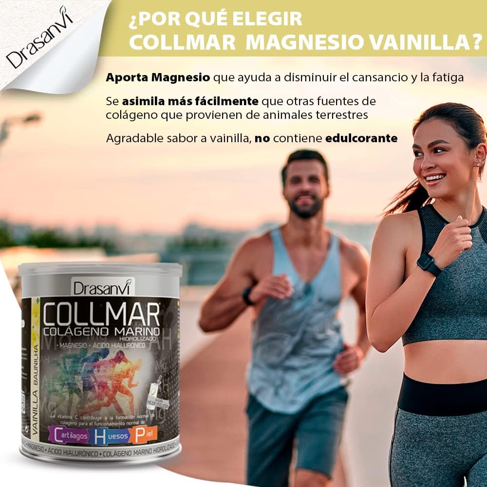 Drasanvi COLLMAR Colágeno Marino Hidrolizado con Ácido Hialurónico, Magnesio, Vitamina C | para cartílagos, huesos y piel | Sin edulcorantes |Alta dosis 9.717 mg/dia |300g de polvo | Sabor Vainilla