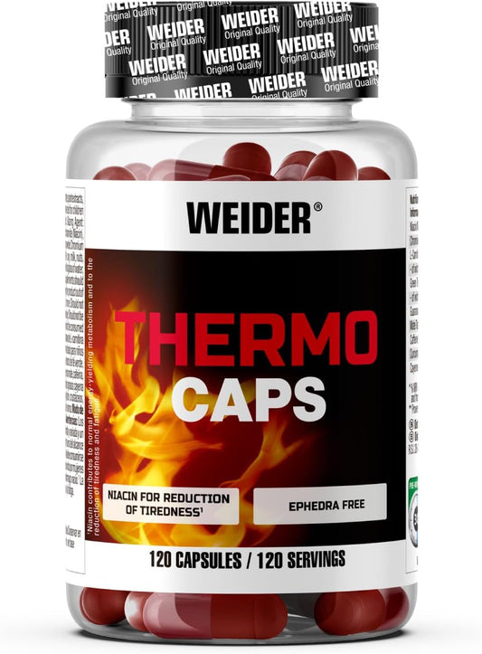 Weider Thermo Caps Disminuye el Apetito, Potente Fórmula Termogénica con Cafeína; Enriquecido con Cromo, Cúrcuma, L-Carnitina, 120 Capsulas