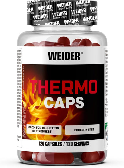 Weider Thermo Caps Disminuye el Apetito, Potente Fórmula Termogénica con Cafeína; Enriquecido con Cromo, Cúrcuma, L-Carnitina, 120 Capsulas