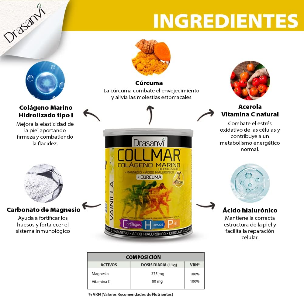 Drasanvi COLLMAR Colágeno Marino Hidrolizado + Cúrcuma con Magnesio, Vitamina C, Ácido Hialurónico para bienestar articular y muscular |Máx. asimilación 9.355 mg/día | 300g de polvo | Sabor Vainilla