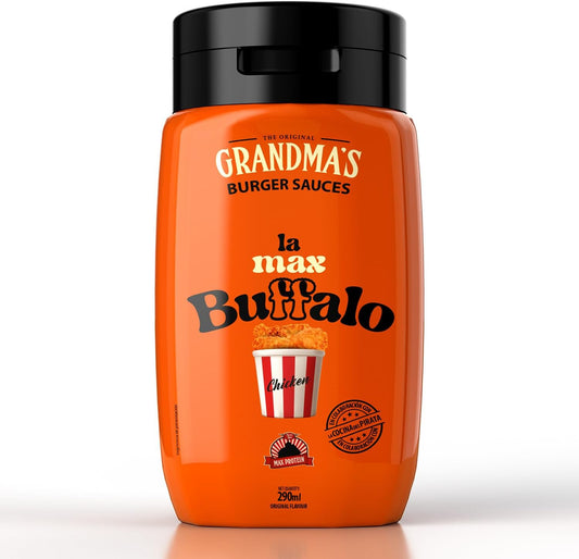 Max Protein Grandma's - LA MAX BUFFALO - Salsa Búfalo - Salsa Toque Picante e Intenso, para Allitas, Hamburguesas - Menos de 18 kcal por toma - Baja en Azúcares y en Grasas - Colab "Cocina del Pirata"
