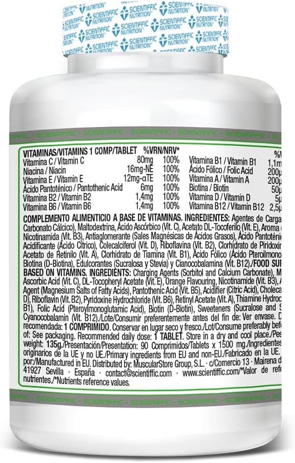 Scientiffic Nutrition - Multivitamin, Multivitaminas, Suplemento que Continene 12 Vitaminas en Caramelos Masticables, C, E, A, D, B1, B6, B12, Aporta Energía y Vitalidad, 0 Azúcares - 90 cápsulas.