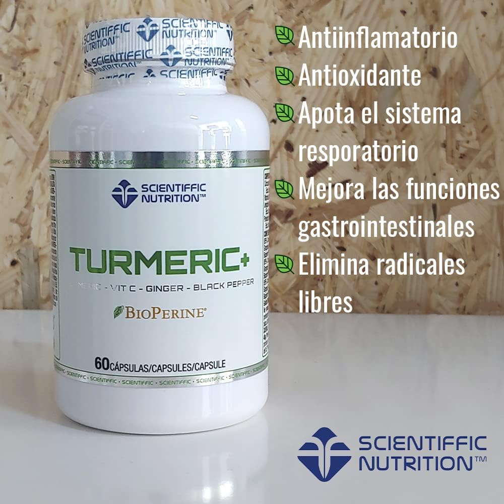 Scientiffic Nutrition - Turmeric+ con Bioperine® Complemento Alimenticio a Base de Cúrcuma y Pimienta Negra, Antiinflamatorio, 60 Cápsulas.