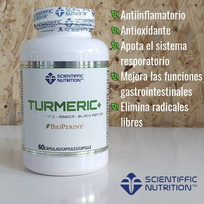 Scientiffic Nutrition - Turmeric+ con Bioperine® Complemento Alimenticio a Base de Cúrcuma y Pimienta Negra, Antiinflamatorio, 60 Cápsulas.
