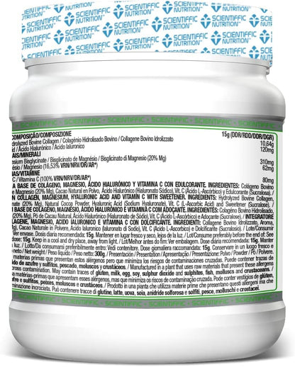 Scientiffic Nutrition - Collagen+, Colágeno con Magnesio, Ácido Hialurónico y Vitamina C, Mantiene la Piel Tersa, Fortalece Articulaciones, Hueso y Uñas - 300g Sabor Chocolate.