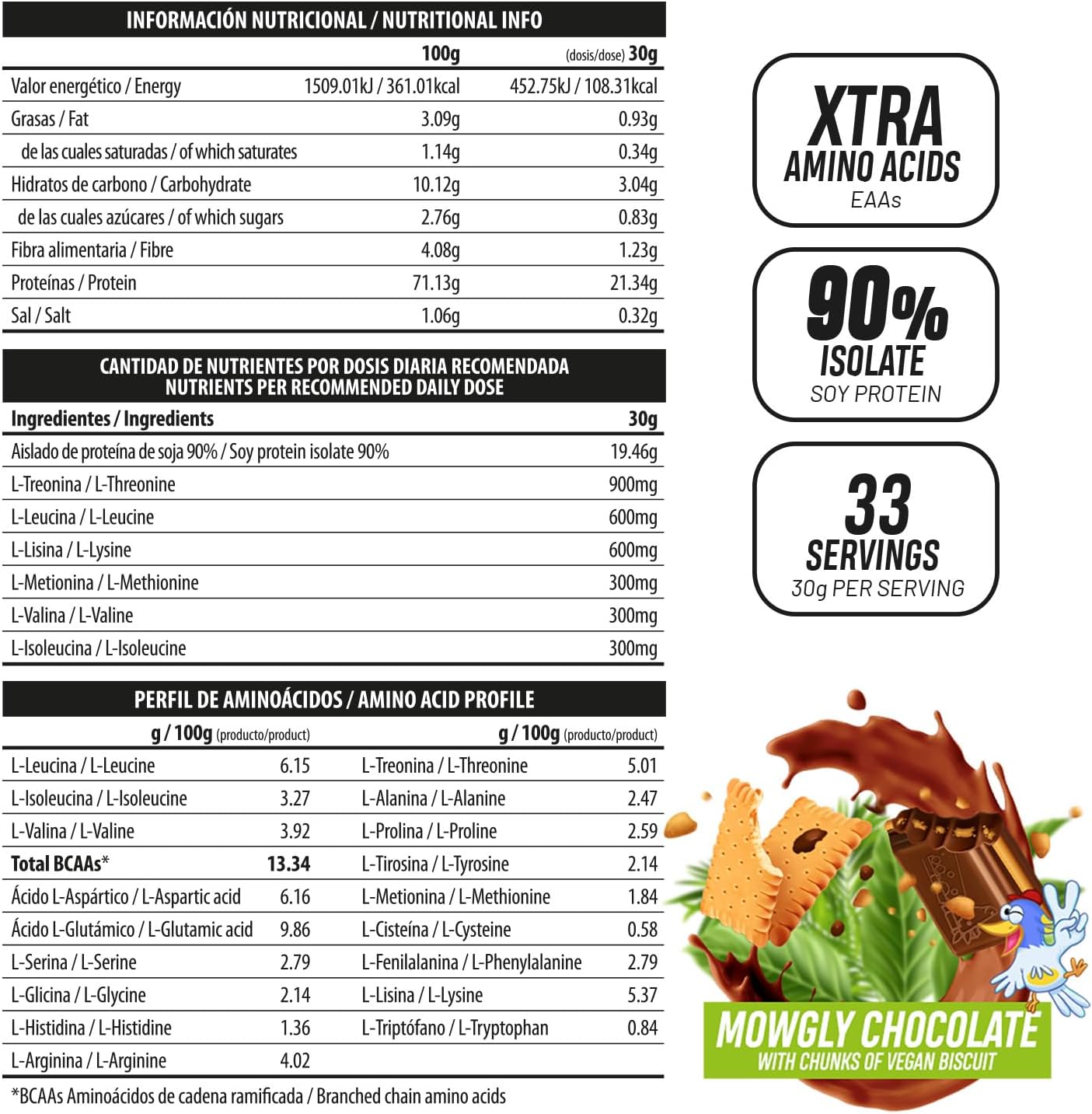 Proteina Vegana - Proteina Vegetal 100%, para Masa Muscular y Recuperación - Vegan Protein con Aminoácidos - Proteína en Polvo, Deliciosos Sabores, Sin Lactosa (1Kg, Mowgly Chocolate & Biscuits)