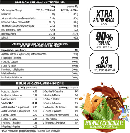 Proteina Vegana - Proteina Vegetal 100%, para Masa Muscular y Recuperación - Vegan Protein con Aminoácidos - Proteína en Polvo, Deliciosos Sabores, Sin Lactosa (1Kg, Mowgly Chocolate & Biscuits)