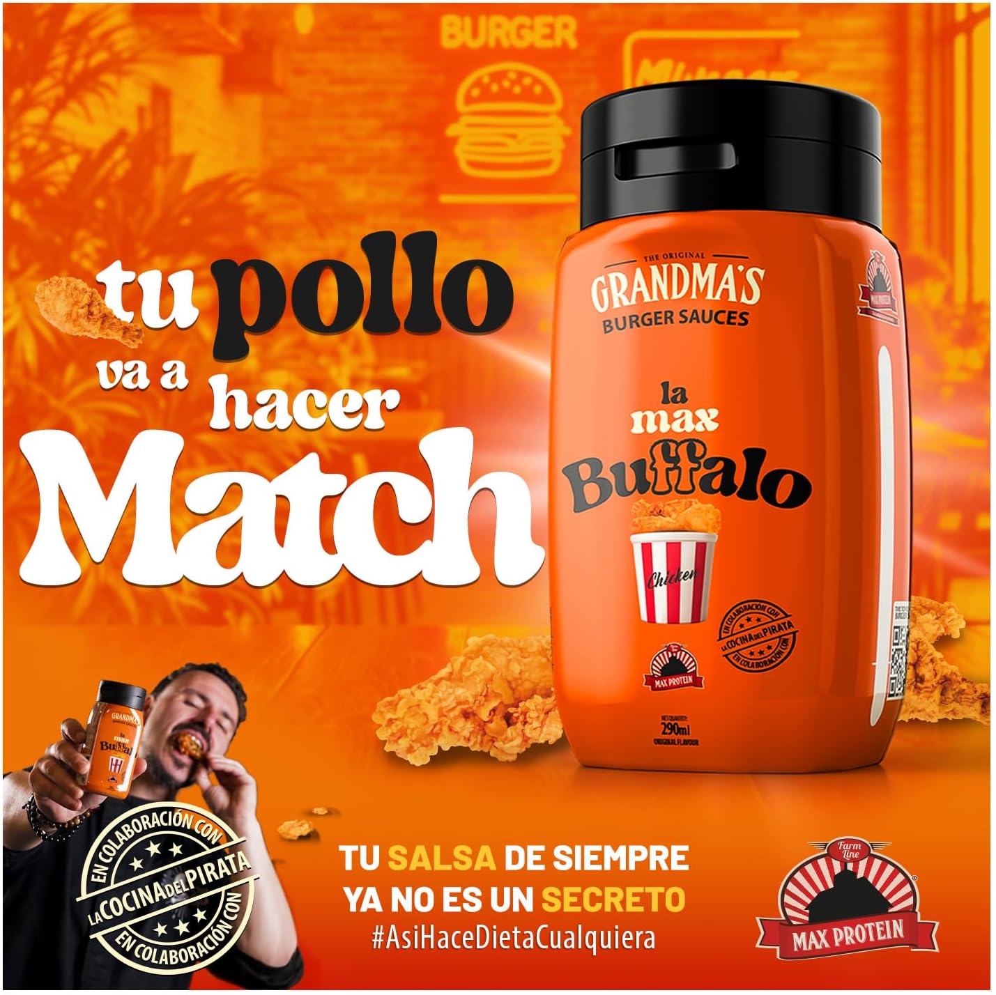 Max Protein Grandma's - LA MAX BUFFALO - Salsa Búfalo - Salsa Toque Picante e Intenso, para Allitas, Hamburguesas - Menos de 18 kcal por toma - Baja en Azúcares y en Grasas - Colab "Cocina del Pirata"