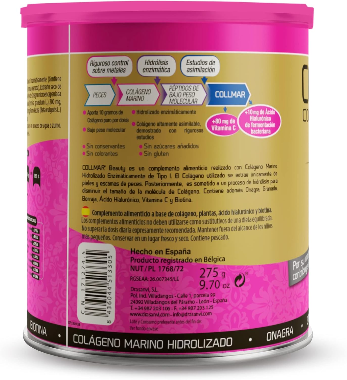 DRASANVI COLLMAR BEAUTY COLAGENO MARINO PARA LA PIEL | Colageno Hidrolizado con Vitamina C Natural, Biotina y Acido Hialuronico| Piel Bonita e Hidratada| Sabor Granada | 275 GR