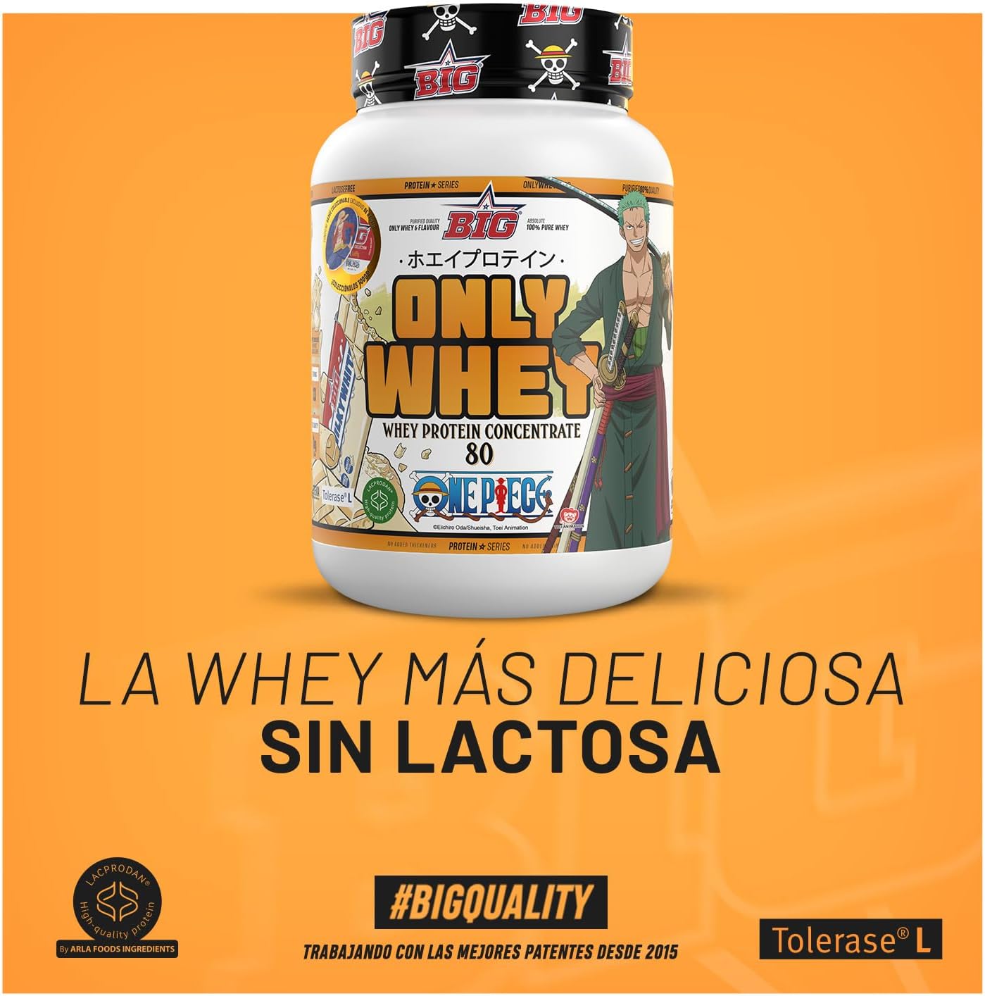 BIG - ONE PIECE Whey Protein - Exclusive Edition with 12 Collectible Cups. Premium Raw Materia. Whey Protein for Muscle Mass. Lactose Free (1 kg, White Choco & Topping White Choco - Zoro)