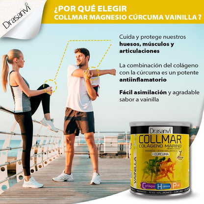 Drasanvi COLLMAR Colágeno Marino Hidrolizado + Cúrcuma con Magnesio, Vitamina C, Ácido Hialurónico para bienestar articular y muscular |Máx. asimilación 9.355 mg/día | 300g de polvo | Sabor Vainilla