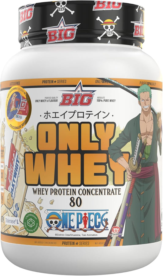 BIG - ONE PIECE Whey Protein - Exclusive Edition with 12 Collectible Cups. Premium Raw Materia. Whey Protein for Muscle Mass. Lactose Free (1 kg, White Choco & Topping White Choco - Zoro)