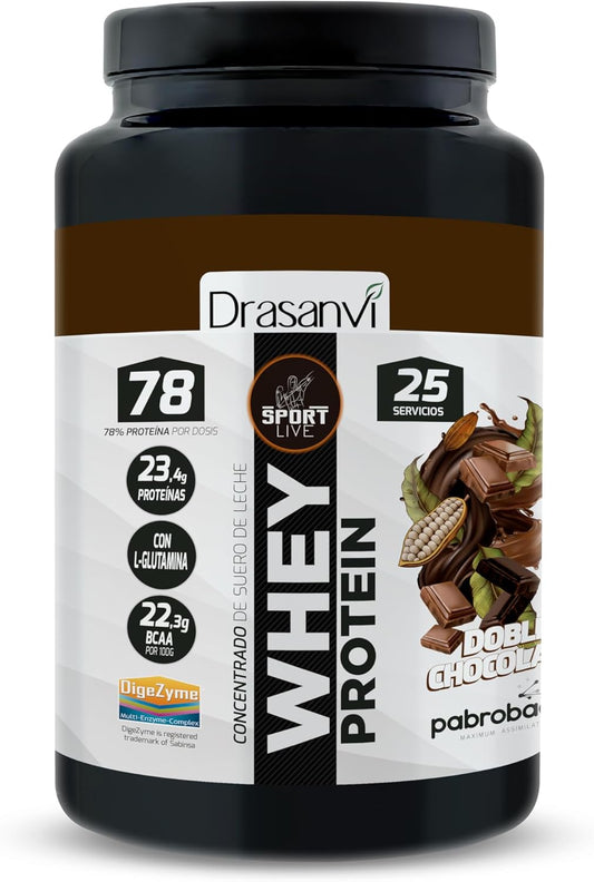 SPORT LIVE Concentrado de proteinas de suero de leche | Whey Protein en polvo con L-Glutamina y L-Leucina | Ayuda a aumentar tu masa muscular | Mejora tus batidos |Doble Chocolate | 750 GR