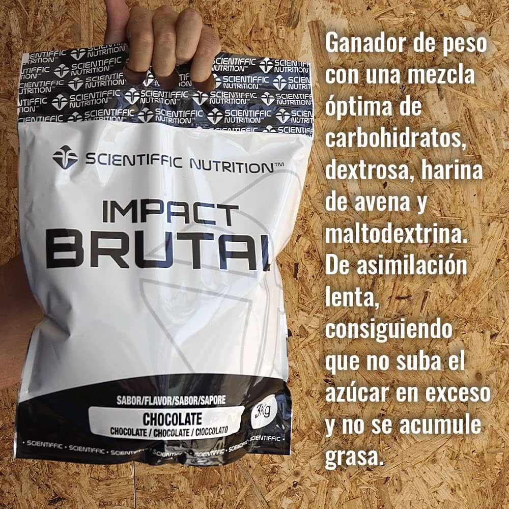 Scientiffic Nutrition - Brutal Impact, Ganador de Peso y Masa Muscular, Mass Gainer con Carbohidratos, Proteina de Suero y Aminoácidos como la Creatina - 3Kg, Sabor Chocolate.