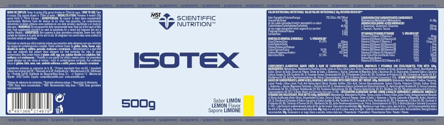 Scientiffic Nutrition - Isotex, Bebida Isotónica Instántanea en Polvo, Aporta Sales Minerales, Electrolitos y Energía, Bebida Deportiva - Sabor Limón, 500 g