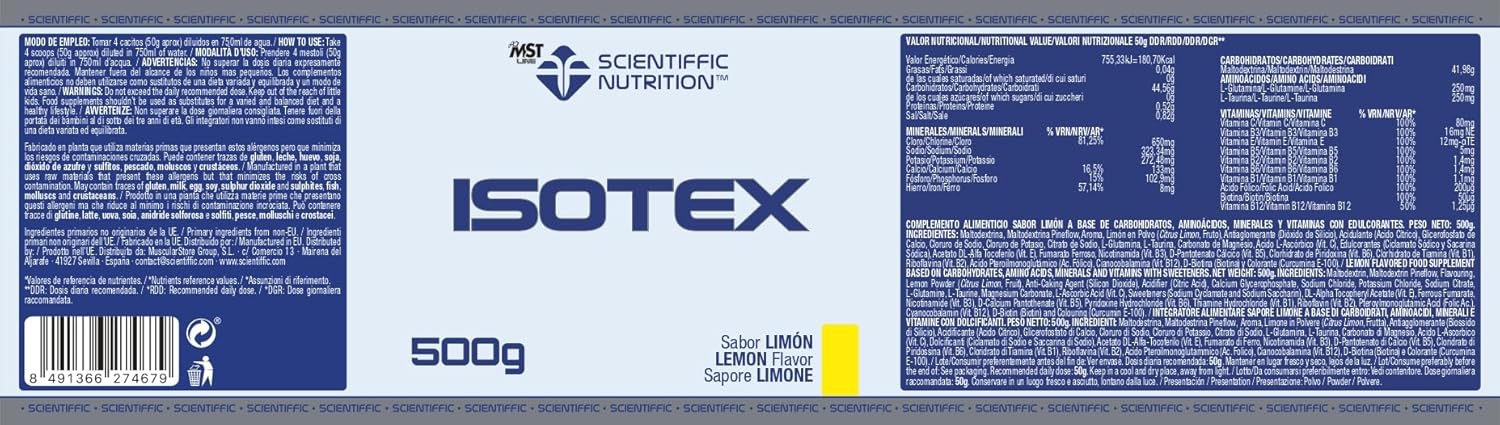 Scientiffic Nutrition - Isotex, Bebida Isotónica Instántanea en Polvo, Aporta Sales Minerales, Electrolitos y Energía, Bebida Deportiva - Sabor Limón, 500 g