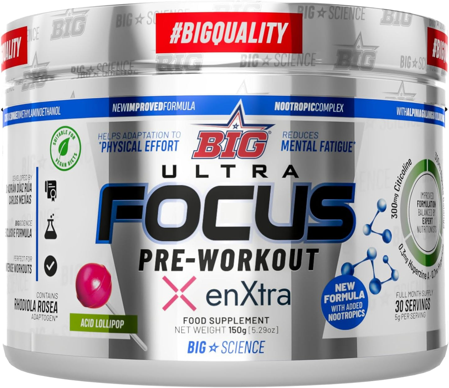 Pre Entreno Gimnasio - 30 Tomas - Pre Workout Potente con Nootropicos - Pre Entreno Fuerte con 300 mg Cafeina - Aumenta la Concentración y Reduce la Sensación de Fatiga (150g, Acid Lollipop)
