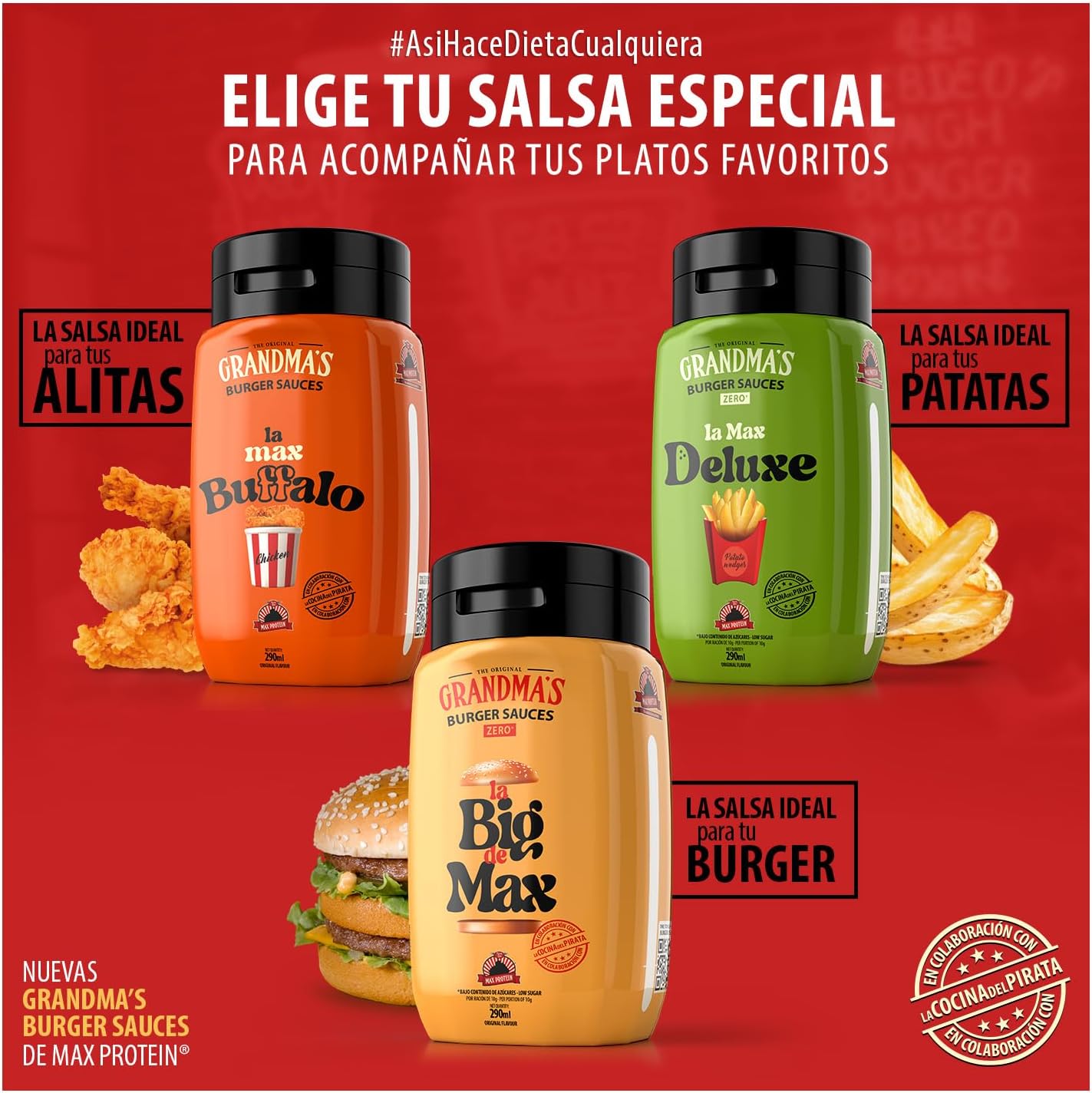Max Protein Grandma's - LA MAX BUFFALO - Salsa Búfalo - Salsa Toque Picante e Intenso, para Allitas, Hamburguesas - Menos de 18 kcal por toma - Baja en Azúcares y en Grasas - Colab "Cocina del Pirata"
