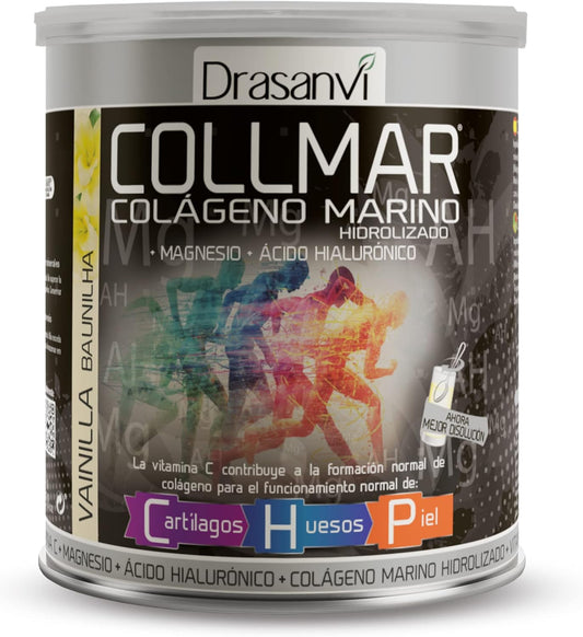 Drasanvi COLLMAR Colágeno Marino Hidrolizado con Ácido Hialurónico, Magnesio, Vitamina C | para cartílagos, huesos y piel | Sin edulcorantes |Alta dosis 9.717 mg/dia |300g de polvo | Sabor Vainilla