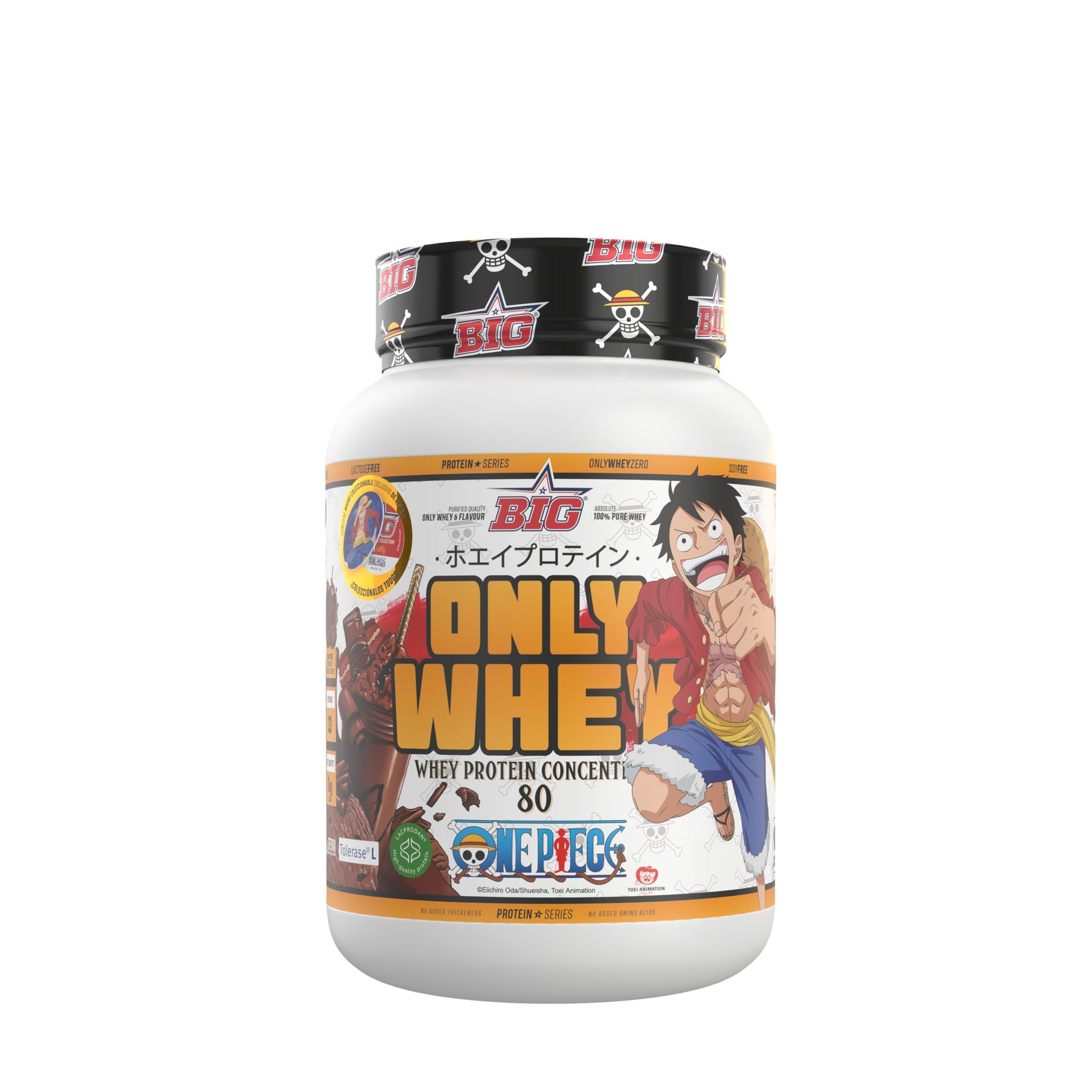 BIG - ONE PIECE Whey Protein - Exclusive Edition with 12 Collectible Cups. Premium Raw Materia. Whey Protein for Muscle Mass. Lactose Free (1 kg, White Choco & Topping White Choco - Zoro)