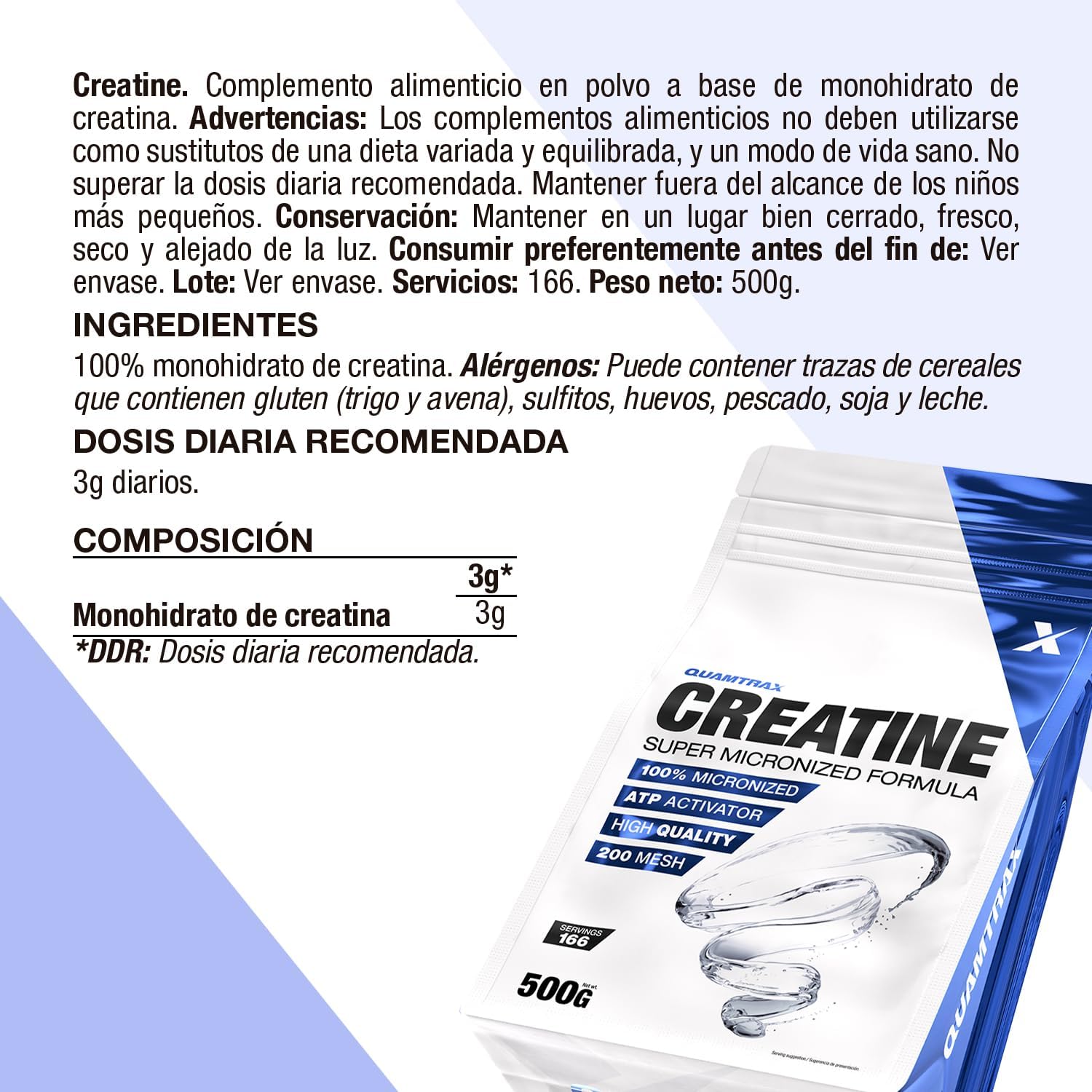 Quamtrax Nutrition - Creatine (Creatine Monohydrate 200 Mesh) - 500g - Neutral Flavor - Strength, Performance and Recovery