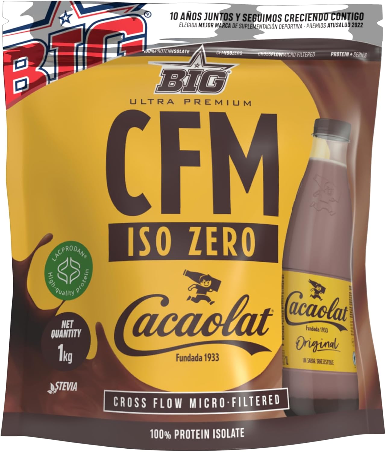 BIG - Proteina Isolada - Proteinas Whey para Masa Muscular - Whey Protein Isolate - Proteína en Polvo Materia Prima Premium Sin Grumos, Baja en Lactosa, Sin Azúcares Añadidos (1kg,Cacaolat)
