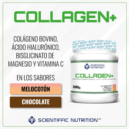 Scientiffic Nutrition - Collagen+, Colágeno con Magnesio, Ácido Hialurónico y Vitamina C, Mantiene la Piel Tersa, Fortalece Articulaciones, Hueso y Uñas - 300g Sabor Chocolate.