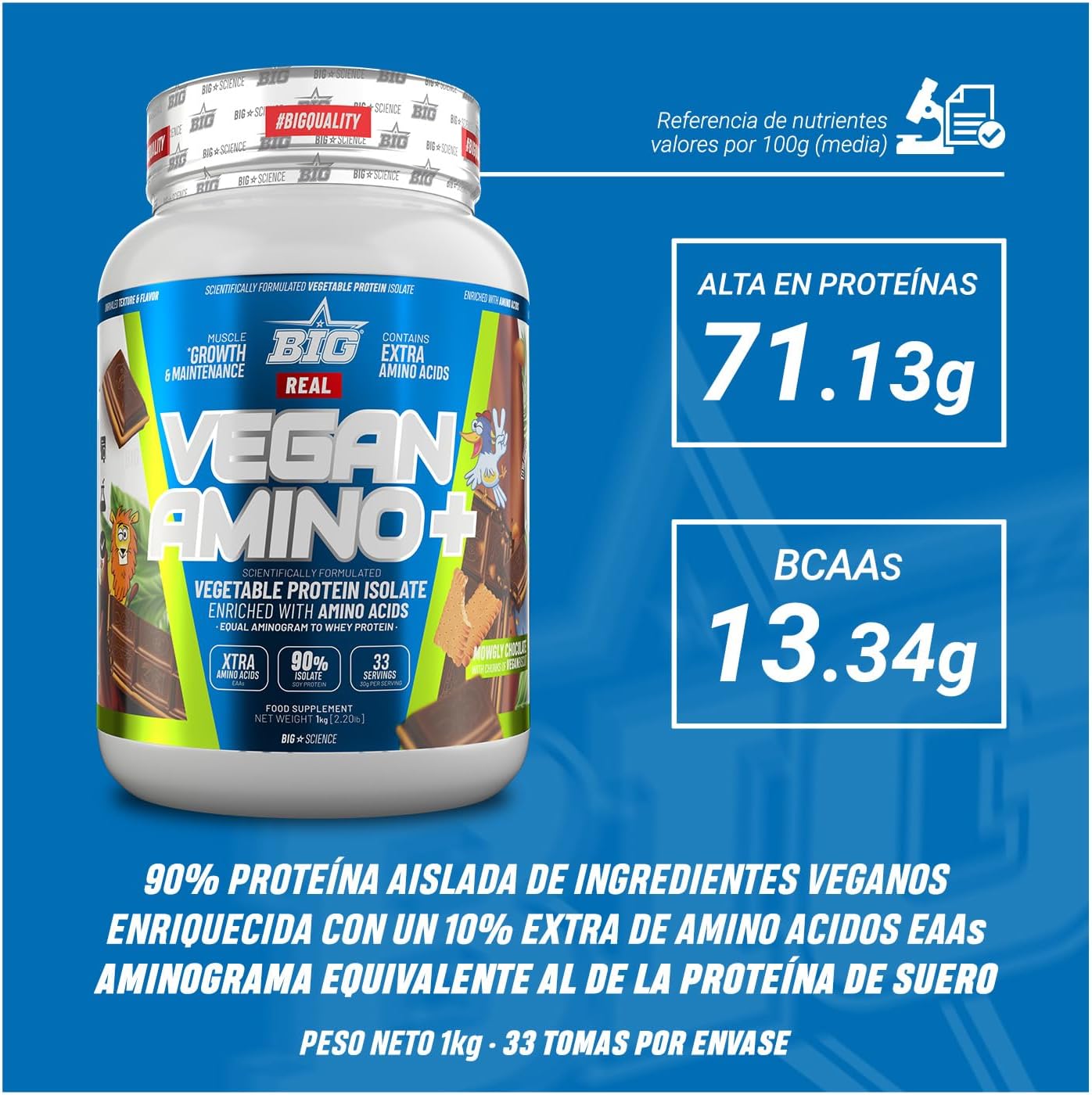 Proteina Vegana - Proteina Vegetal 100%, para Masa Muscular y Recuperación - Vegan Protein con Aminoácidos - Proteína en Polvo, Deliciosos Sabores, Sin Lactosa (1Kg, Mowgly Chocolate & Biscuits)