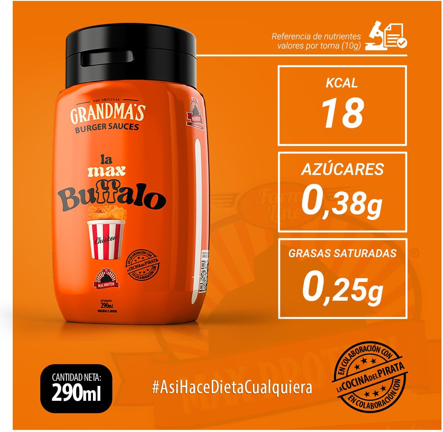 Max Protein Grandma's - LA MAX BUFFALO - Salsa Búfalo - Salsa Toque Picante e Intenso, para Allitas, Hamburguesas - Menos de 18 kcal por toma - Baja en Azúcares y en Grasas - Colab "Cocina del Pirata"