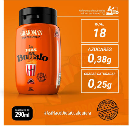 Max Protein Grandma's - LA MAX BUFFALO - Salsa Búfalo - Salsa Toque Picante e Intenso, para Allitas, Hamburguesas - Menos de 18 kcal por toma - Baja en Azúcares y en Grasas - Colab "Cocina del Pirata"