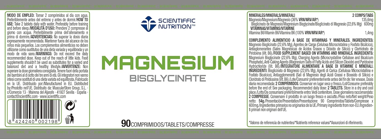 Scientiffic Nutrition - Magnesium Bisglycinate 300mg, Comprimidos de Magnesio Bisglicinato y Vitamina B6, Complemento Alimenticio de Alta Absorción, 90 Cápsulas.