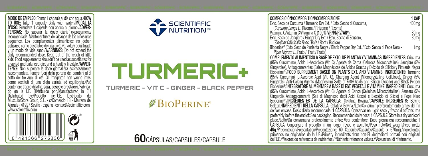 Scientiffic Nutrition - Turmeric+ con Bioperine® Complemento Alimenticio a Base de Cúrcuma y Pimienta Negra, Antiinflamatorio, 60 Cápsulas.