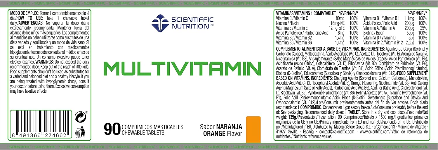 Scientiffic Nutrition - Multivitamin, Multivitaminas, Suplemento que Continene 12 Vitaminas en Caramelos Masticables, C, E, A, D, B1, B6, B12, Aporta Energía y Vitalidad, 0 Azúcares - 90 cápsulas.