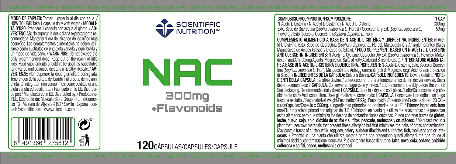 Scientiffic Nutrition - NAC + Flavonoids 300mg, N-Acetil-L-Cisteina, Potente Antioxidante, Reduce la Inflamación Muscular, aumenta los Niveles de Glutatión - 120 cápsulas