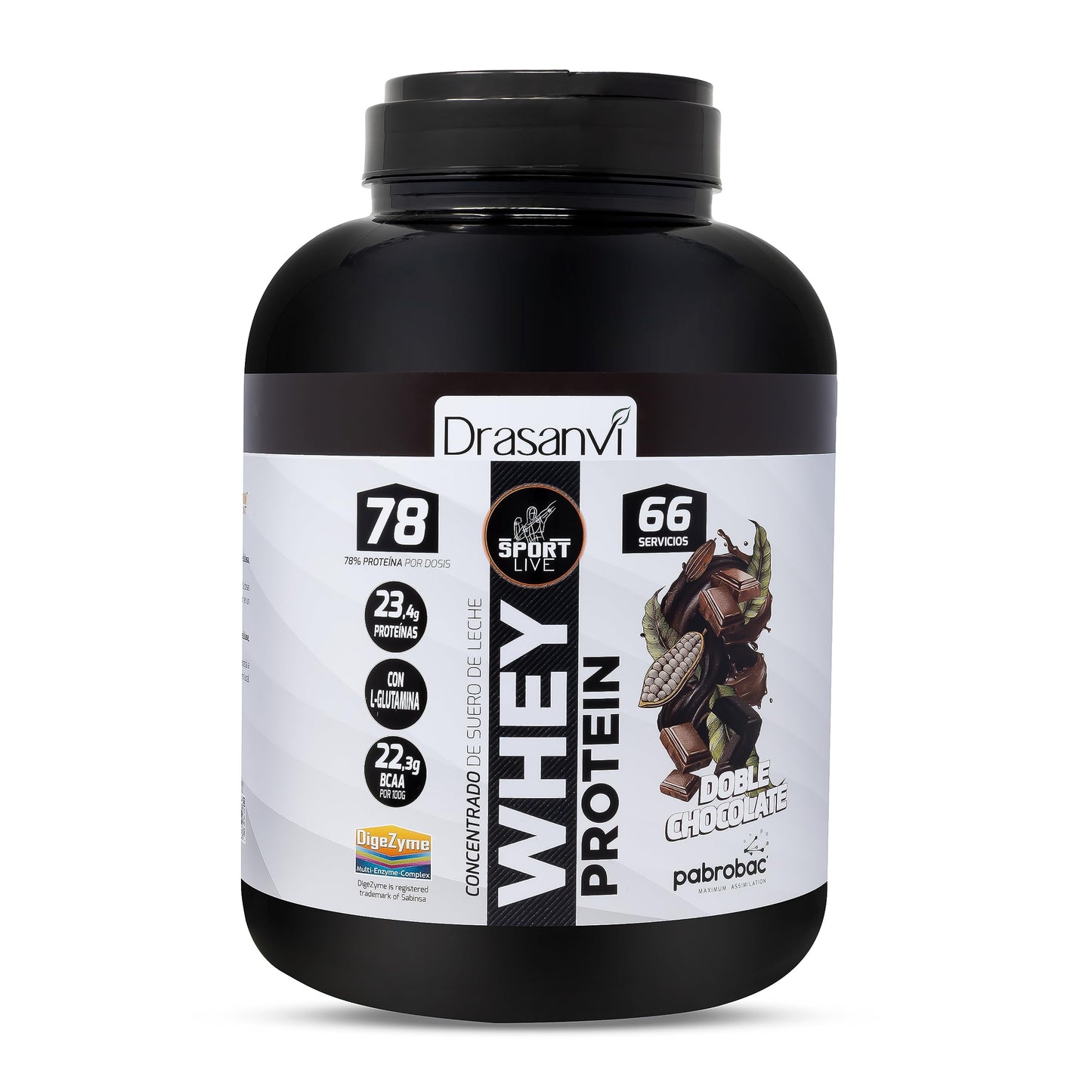 SPORT LIVE Concentrado de proteinas de suero de leche | Whey Protein en polvo con L-Glutamina y L-Leucina | Ayuda a aumentar tu masa muscular | Mejora tus batidos |Doble Chocolate | 750 GR