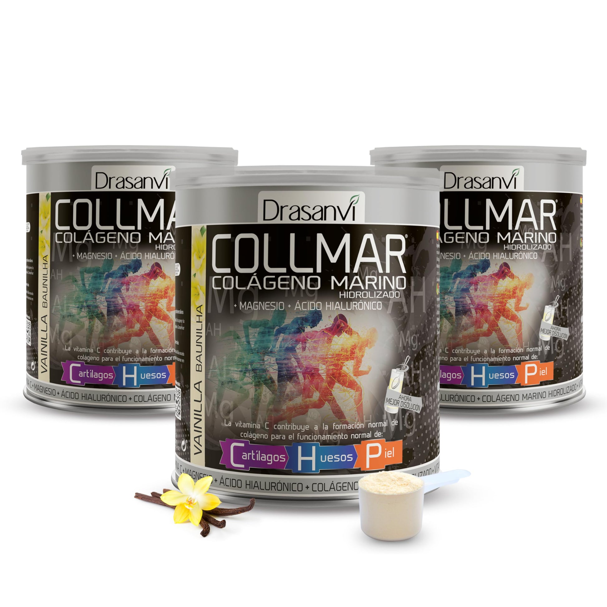 Drasanvi COLLMAR Colágeno Marino Hidrolizado con Ácido Hialurónico, Magnesio, Vitamina C | para cartílagos, huesos y piel | Sin edulcorantes |Alta dosis 9.717 mg/dia |300g de polvo | Sabor Vainilla