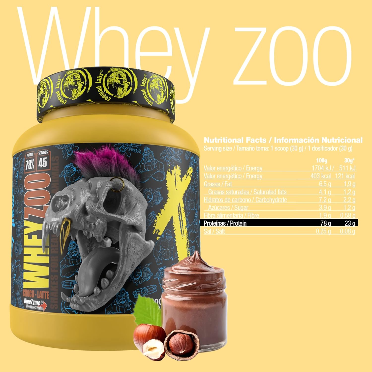 WHEYZOO de Zoomad Labs | 100% Whey Proteína en Polvo Pura | Tonifica y aumenta la masa muscular | Protege músculos y ayuda a la recuperación de los tejidos fibrosos - 1360g (Choco Latte)