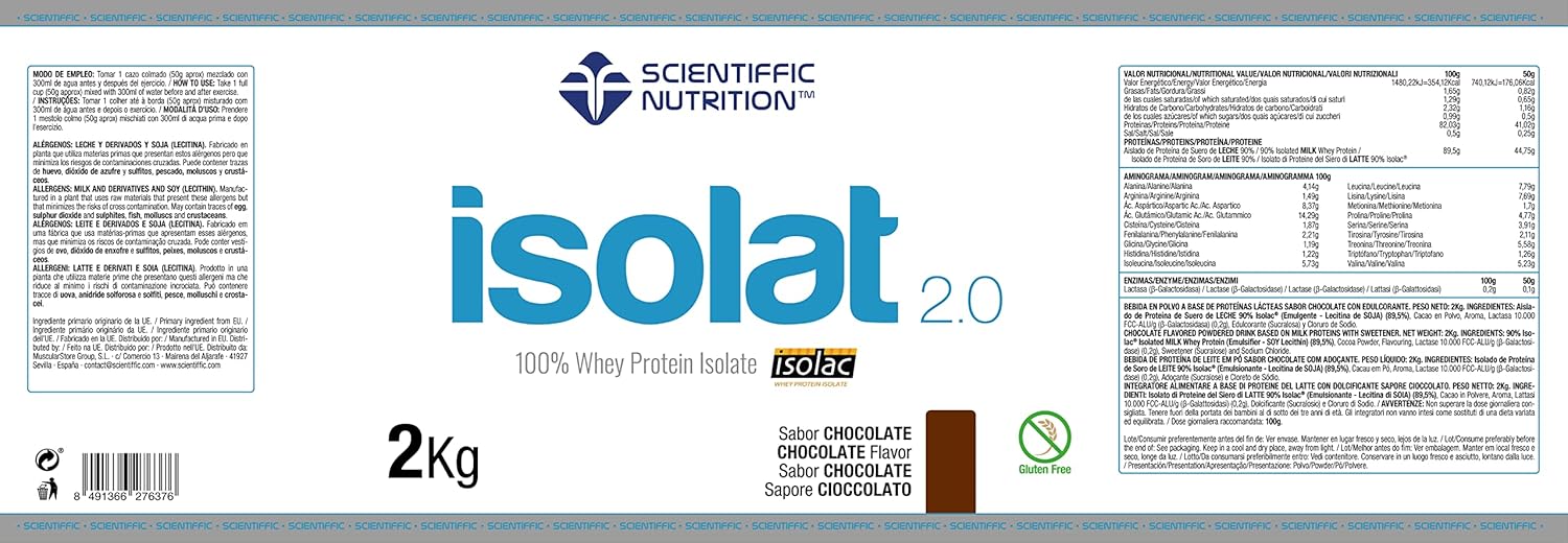 Scientiffic Nutrition - Isolat 2.0, Whey Protein, Suplemento de Proteina Aislada ISO con Lactasa, Proteina de Suero de Leche en Polvo - 2Kg, Chocolate.