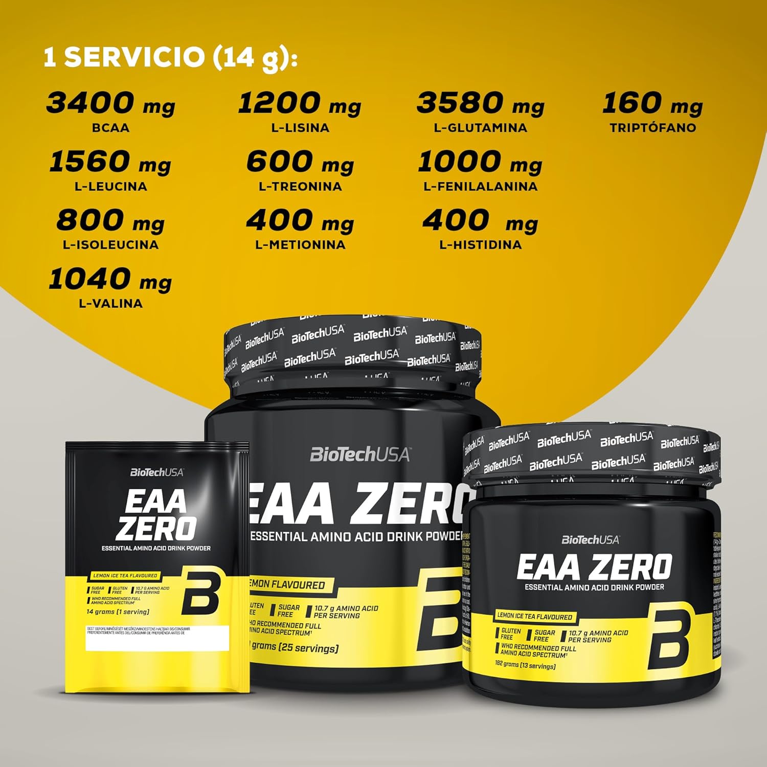 BioTechUSA EAA Zero - Essential Amino Acid Power | 7160mg EAA/porción | Proporción recomendada por la OMS | Sin azúcar, sin gluten, 350 g, Limón