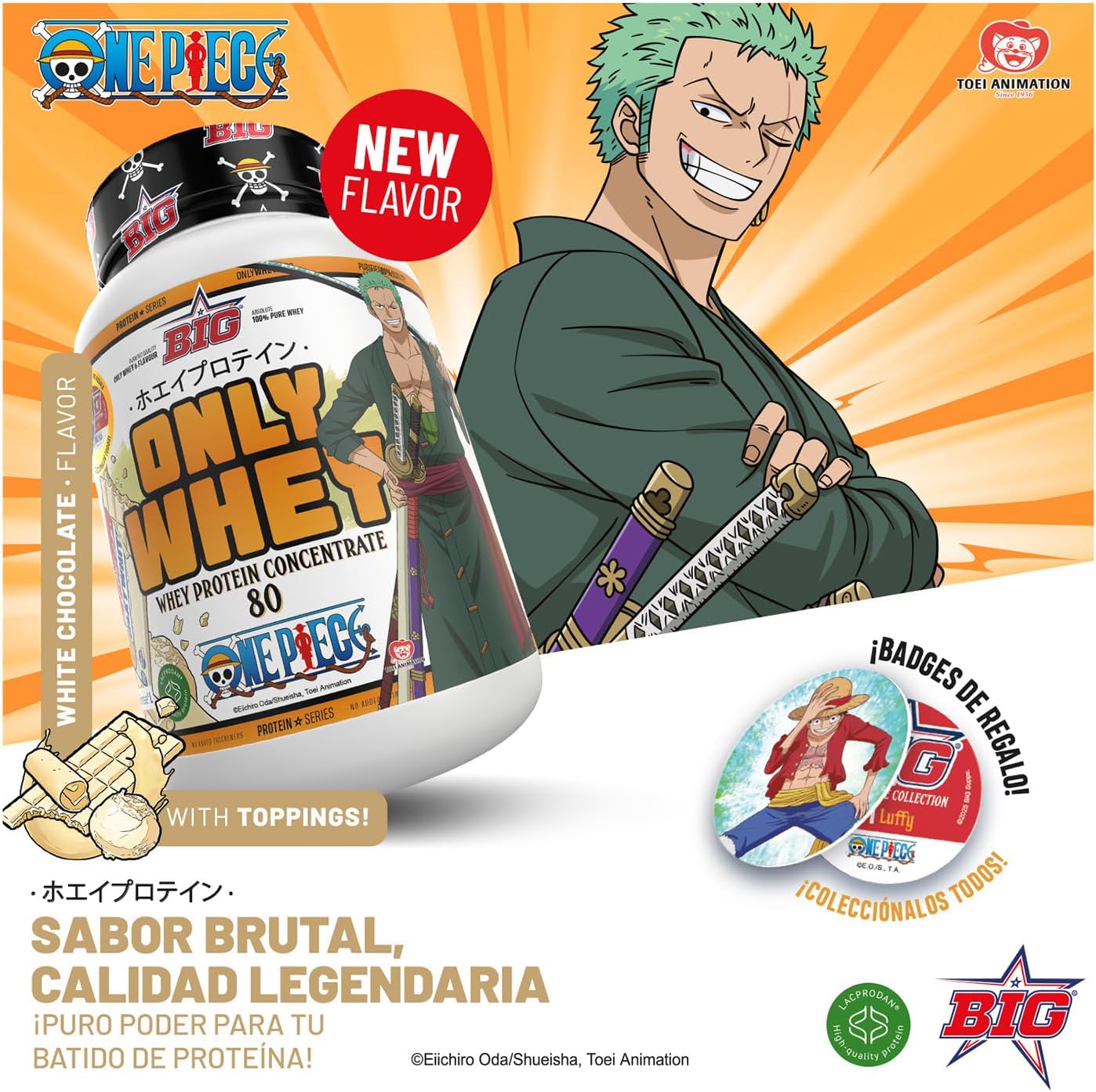BIG - ONE PIECE Whey Protein - Exclusive Edition with 12 Collectible Cups. Premium Raw Materia. Whey Protein for Muscle Mass. Lactose Free (1 kg, White Choco & Topping White Choco - Zoro)