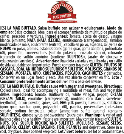Max Protein Grandma's - LA MAX BUFFALO - Salsa Búfalo - Salsa Toque Picante e Intenso, para Allitas, Hamburguesas - Menos de 18 kcal por toma - Baja en Azúcares y en Grasas - Colab "Cocina del Pirata"