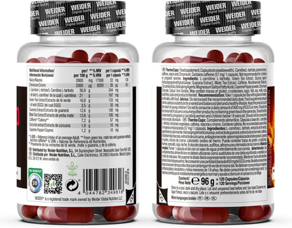 Weider Thermo Caps Disminuye el Apetito, Potente Fórmula Termogénica con Cafeína; Enriquecido con Cromo, Cúrcuma, L-Carnitina, 120 Capsulas