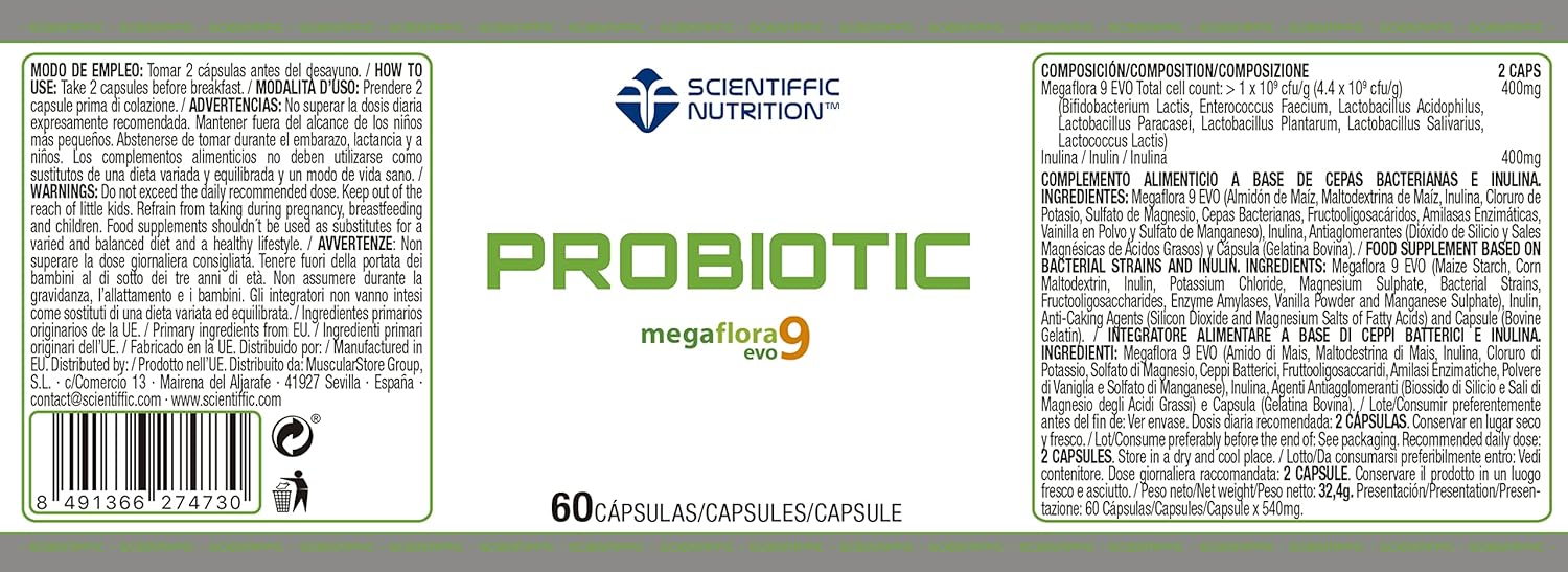Scientiffic Nutrition - Probiotic, Probióticos intestinales con Megaflora9 e Inulina, Suplemento para la Flora Intestinal, Mejora la Salud Digestiva y el Sistema Inmune - 60 Cápsulas