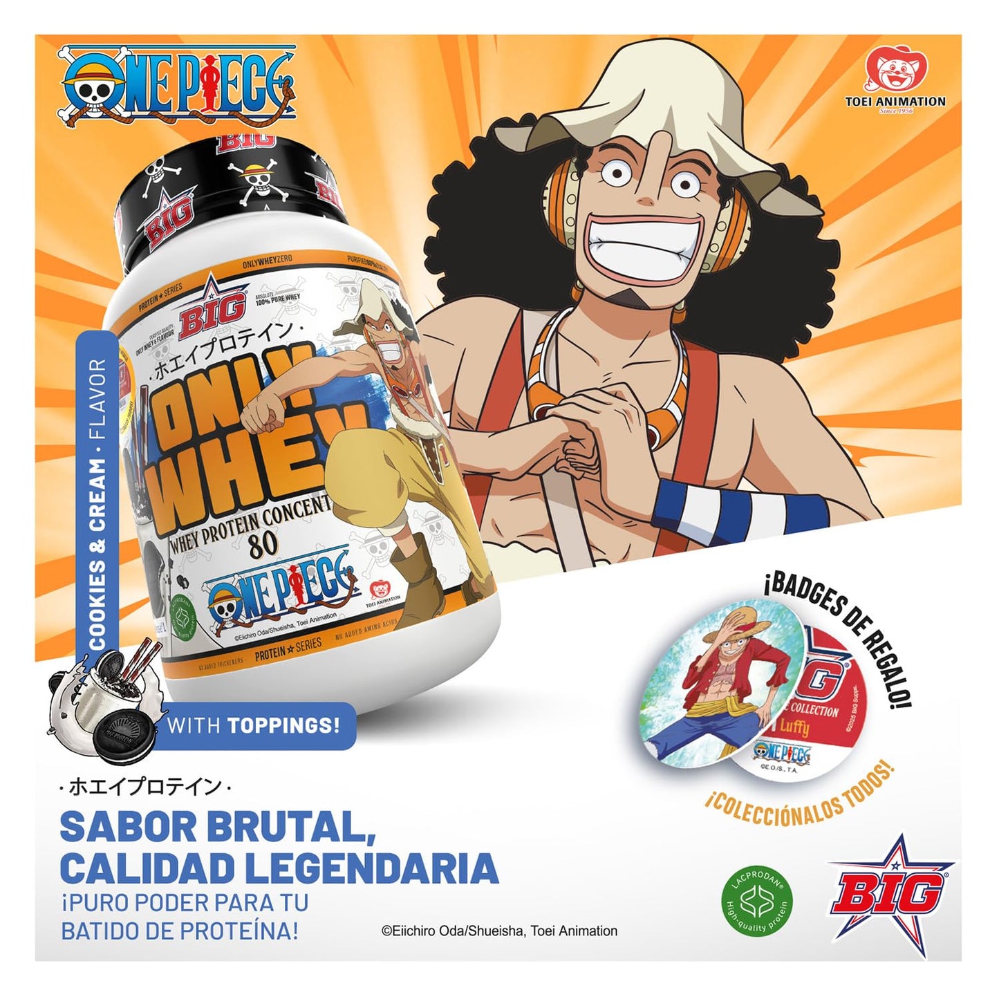 BIG - Proteinas Whey ONE PIECE - Edición Exclusiva con 12 Tazos Coleccionables. Materia Prima Premium. Whey Protein para Masa Muscular. Sin Lactosa (1Kg, Choco One & Milk Chocolate Chips)