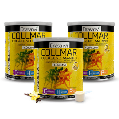 Drasanvi COLLMAR Colágeno Marino Hidrolizado + Cúrcuma con Magnesio, Vitamina C, Ácido Hialurónico para bienestar articular y muscular |Máx. asimilación 9.355 mg/día | 300g de polvo | Sabor Vainilla